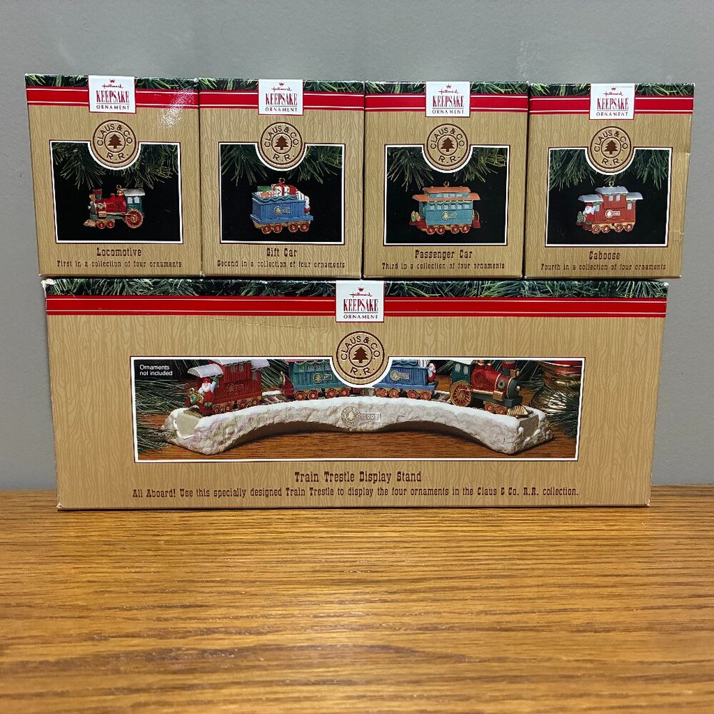 Hallmark 1991 Claus & Co. R.R. Four Train Car Ornament Set with Train Trestle